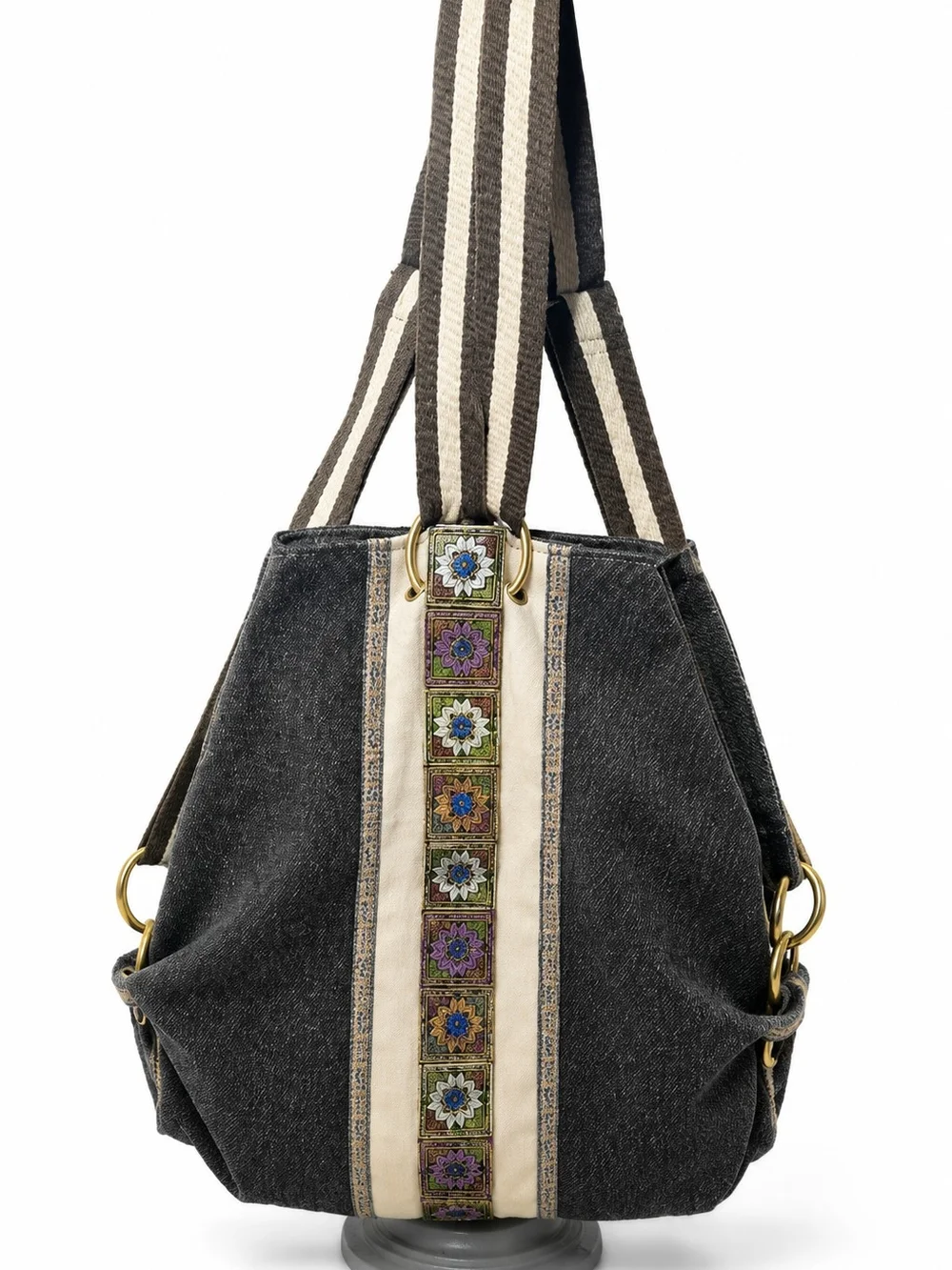 Striped Handle Black Denim Canvas Tote Bag with Embroidered Center Panel